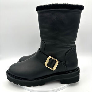 Stuart Weitzman Ryder Lift Chill Boot Size 6.5 Black Shearling Leather Moto Cozy